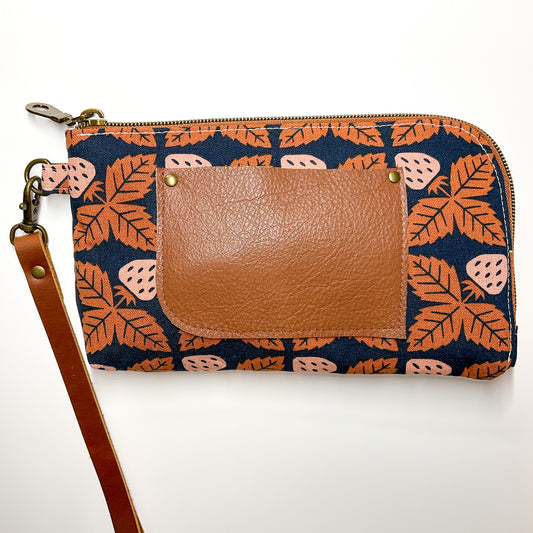 Yarrow Wristlet - Along the Fields in Strawberry/Rainstorm with Brown Leather Pocket #19