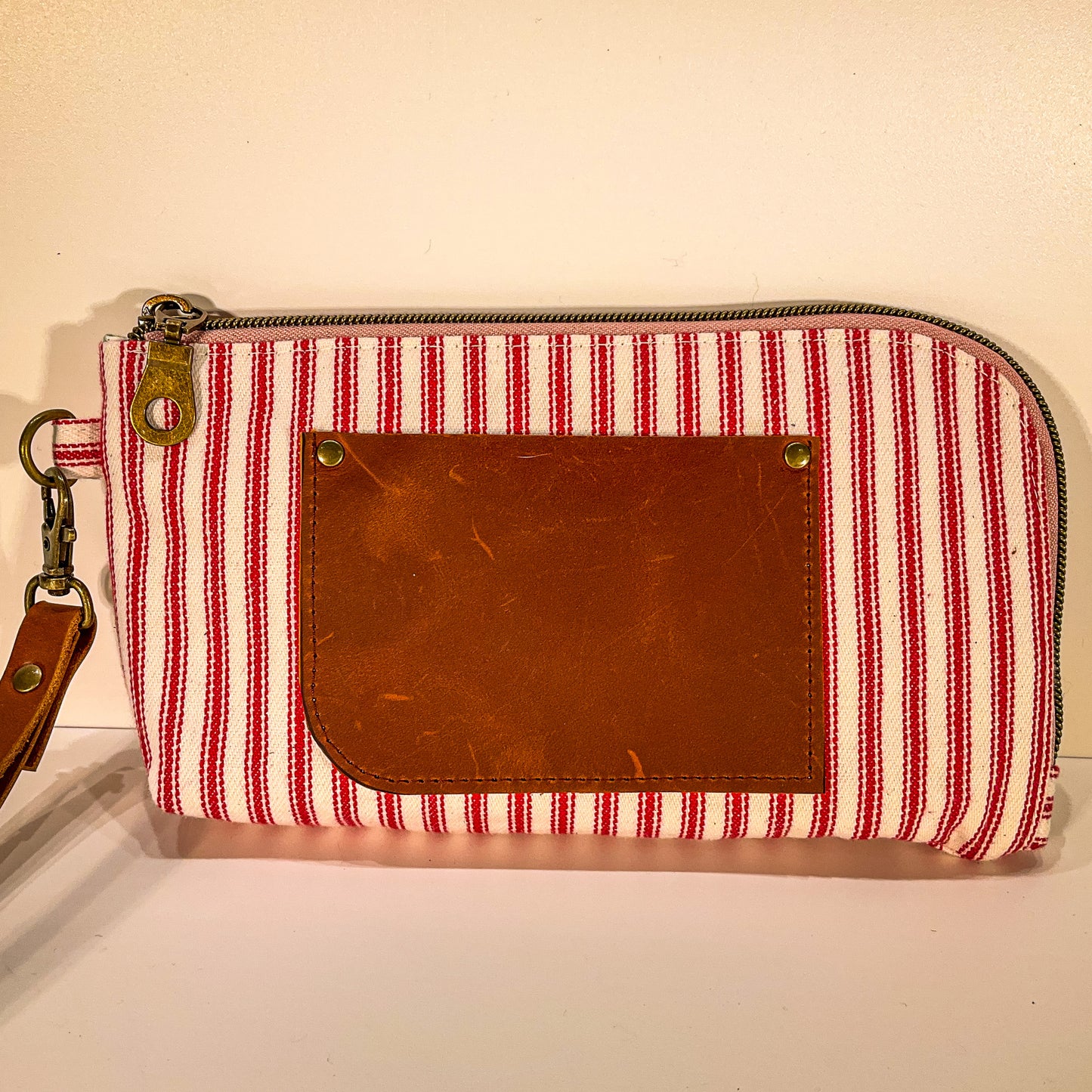 Yarrow Wristlet - Classic Ticking in Cherry with Dark Brown Leather Pocket #16