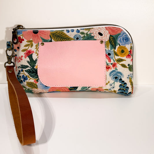 Yarrow Wristlet - Garden Party in Blue with Pink Leather Pocket #1