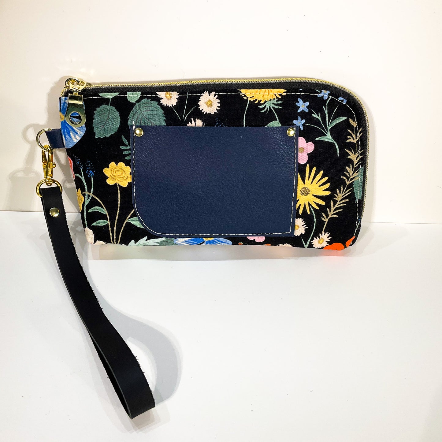 Yarrow Wristlet - Strawberry Field in Black with Navy Leather Pocket #5