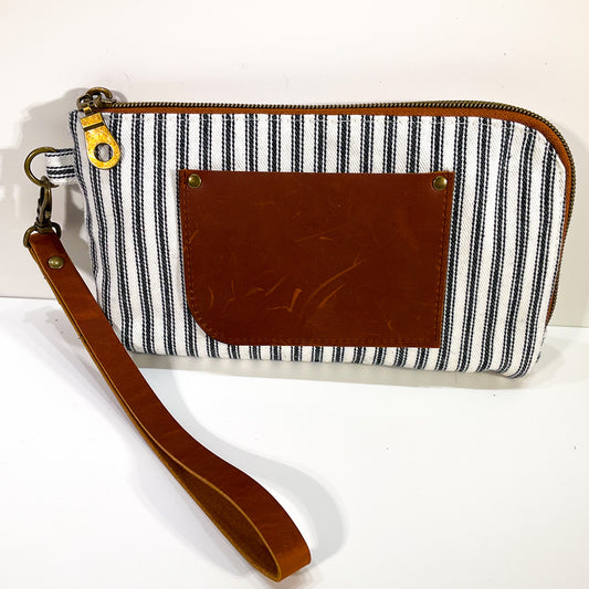 Yarrow Wristlet - Classic Ticking in Black with Dark Brown Leather Pocket #17