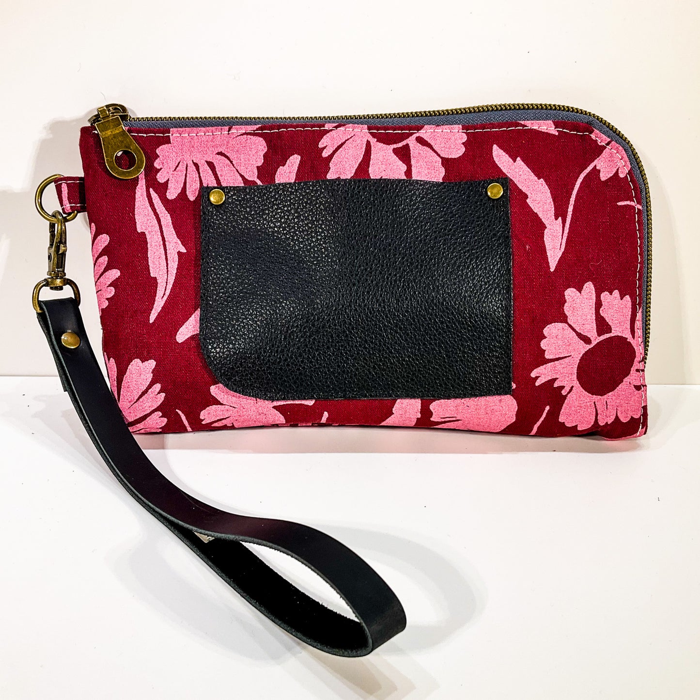 Yarrow Wristlet - Dried Florals in Bordeaux with Black Leather Pocket #13