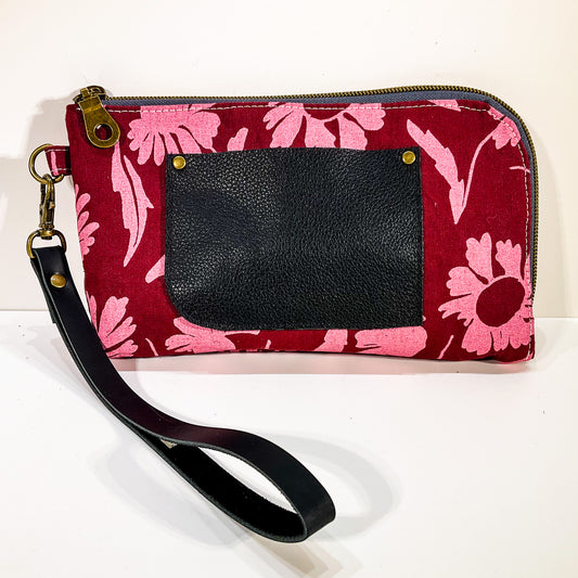 Yarrow Wristlet - Dried Florals in Bordeaux with Black Leather Pocket #13